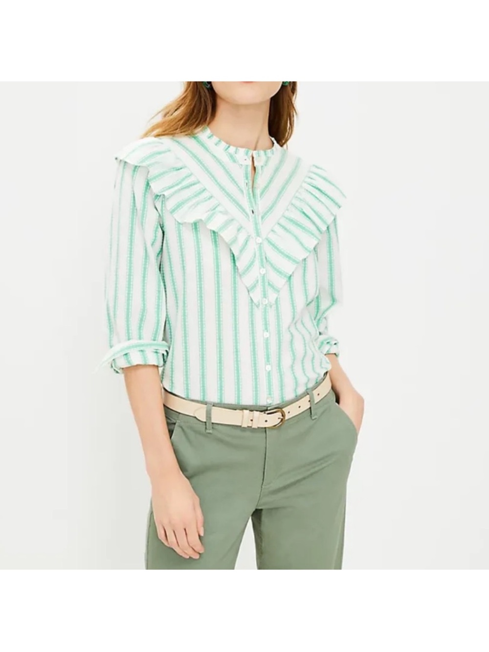 LOFT Mint and White Striped Ruffle-Front Button Down Blouse